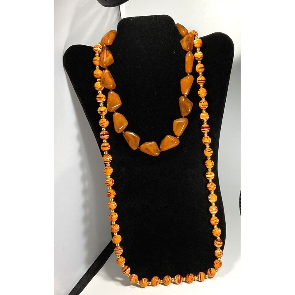 Pair of Necklaces 1 Long Beaded Orange Multicolor & 1  Brown/Amber Acrylic Retro